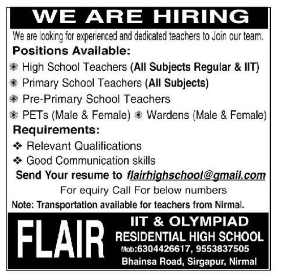 Hiring Faculty For Flair IIT & Olympiad Residential High School