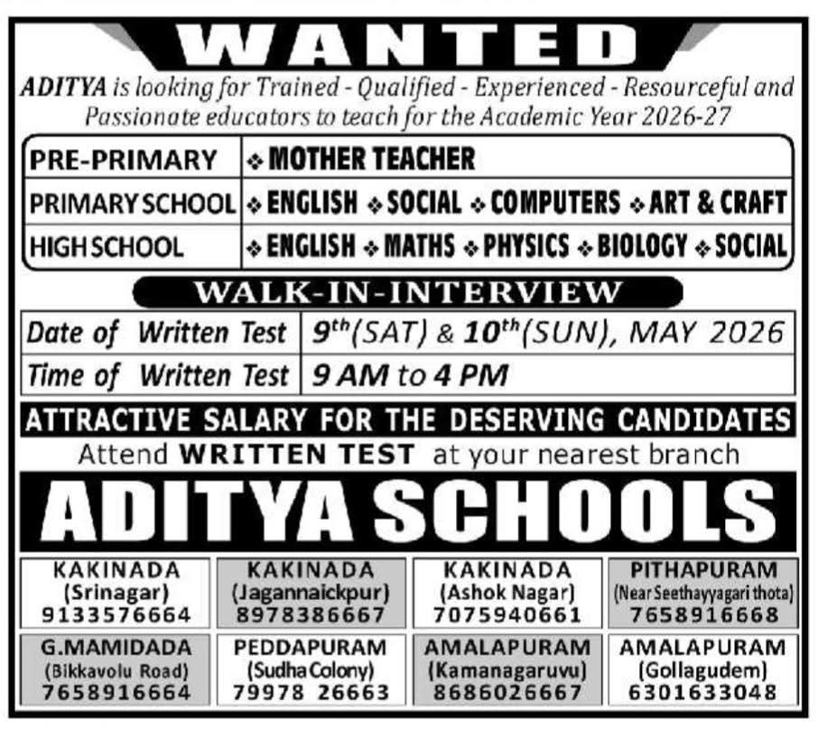 Hiring Teachers for Multiple Subjects at Aditya Schools