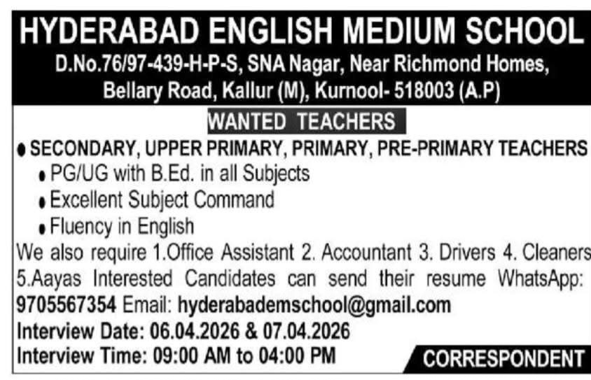 Hiring Teachers: Hyderabad English Medium School