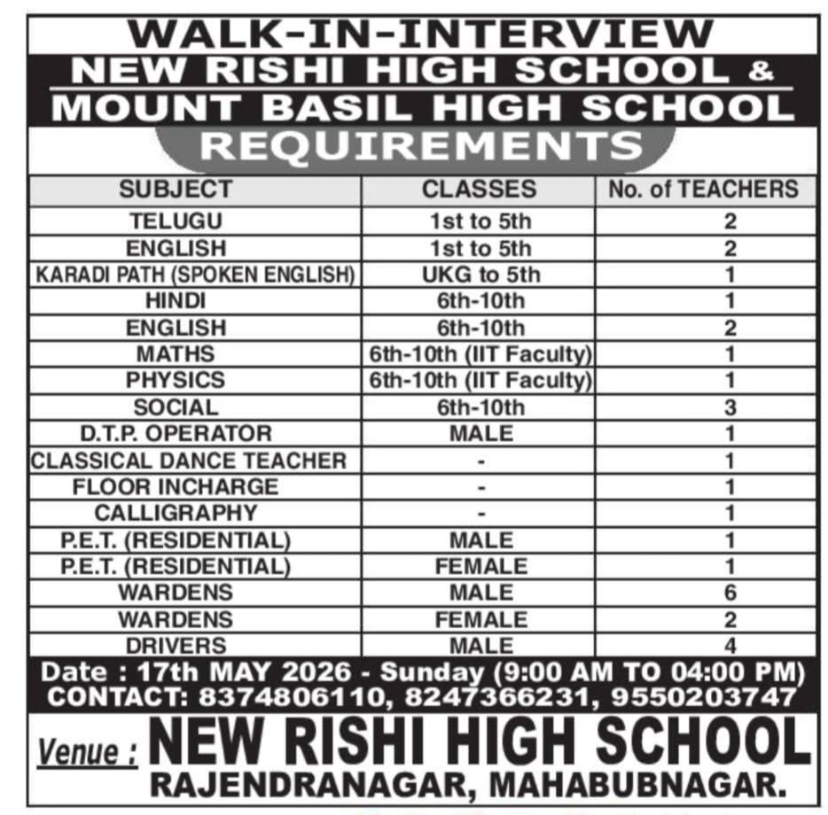 Hiring: Teachers & Multiple Staff at New Rishi & Mount Basil High Schools