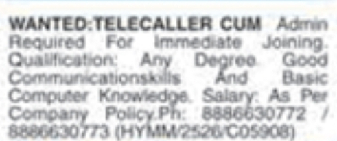 Hiring Telecaller-cum-Admin
