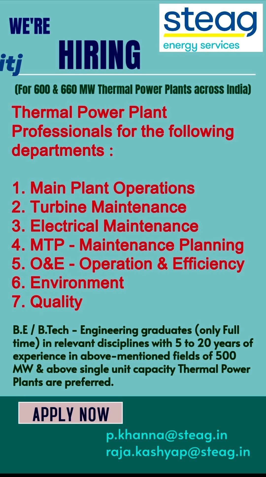 Hiring Thermal Power Plant Professionals At STEAG Energy Services