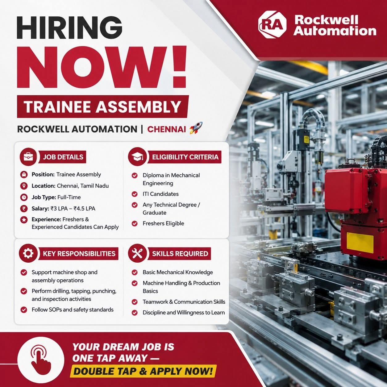 Hiring: Trainee Assembly at Rockwell Automation, Chennai