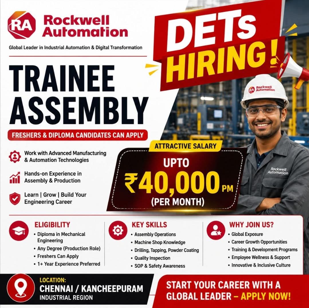 Hiring: Trainee Assembly at Rockwell Automation (DETS), Chennai / Kancheepuram