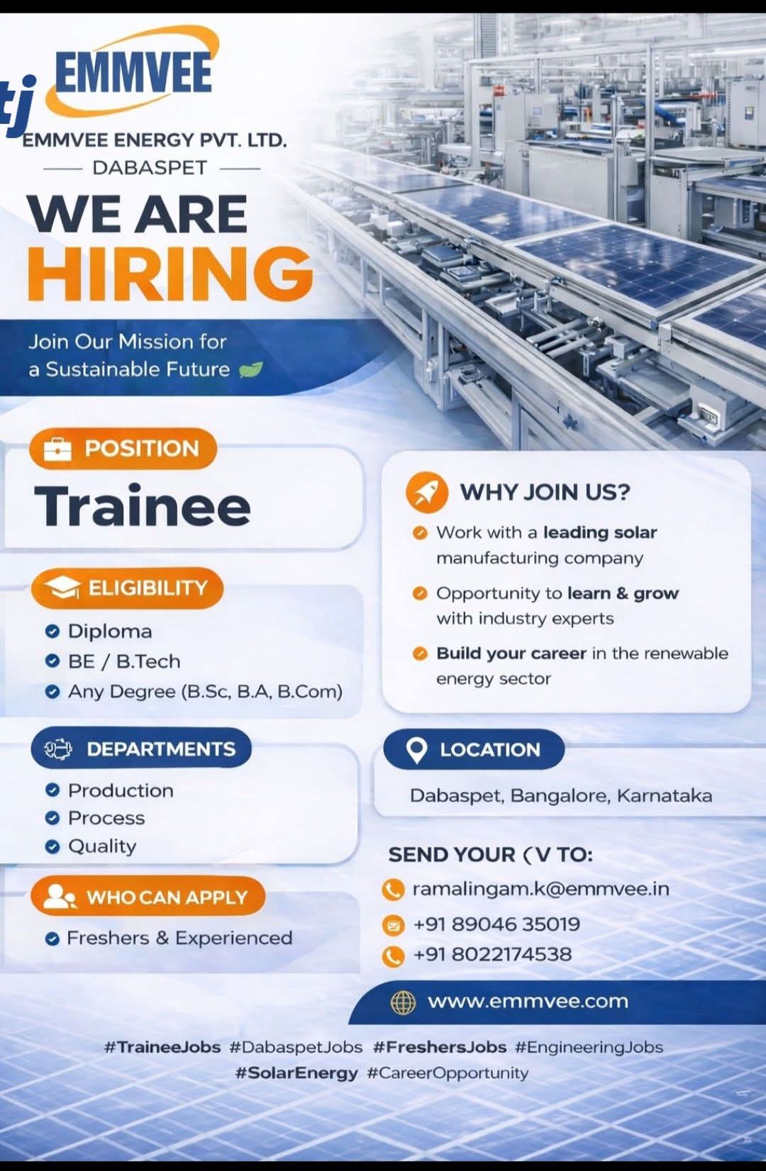 Hiring: Trainee Positions at Emmvee Energy Pvt. Ltd.