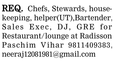 Hospitality Staff Recruitment for Restaurant and Lounge at Radisson