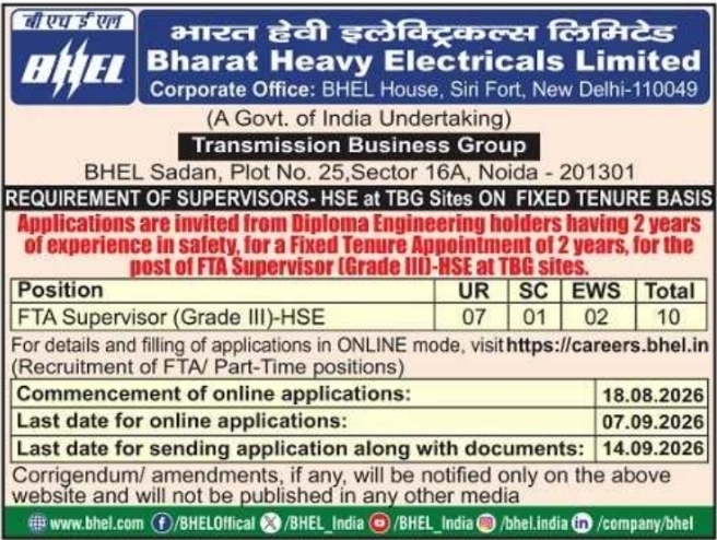 HSE Supervisor Recruitment by BHEL Transmission Business