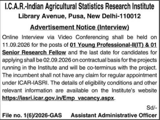 Interview Advertisement Notice for Contractual Posts by ICAR-IASRI
