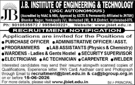 J.B. Institute of Engineering & Technology Recruitment