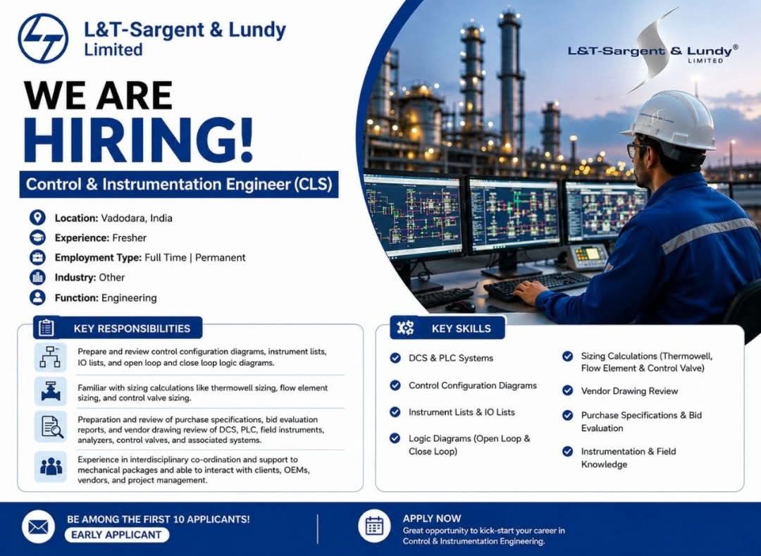 Job Opening: Control & Instrumentation Engineer (CLS) at L&T-Sargent & Lundy Limited