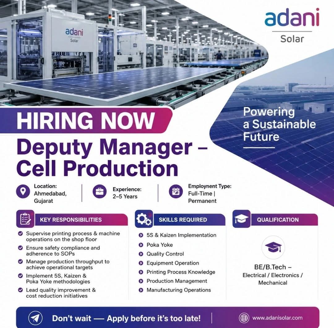 Job Opening: Deputy Manager – Cell Production at Adani Solar