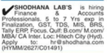 Job Opening: Finance & Accounts at Shodhana Labs