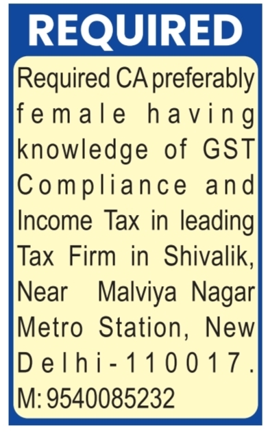 Job Opening for Female Chartered Accountant at leading Tax Firm in Shivalik