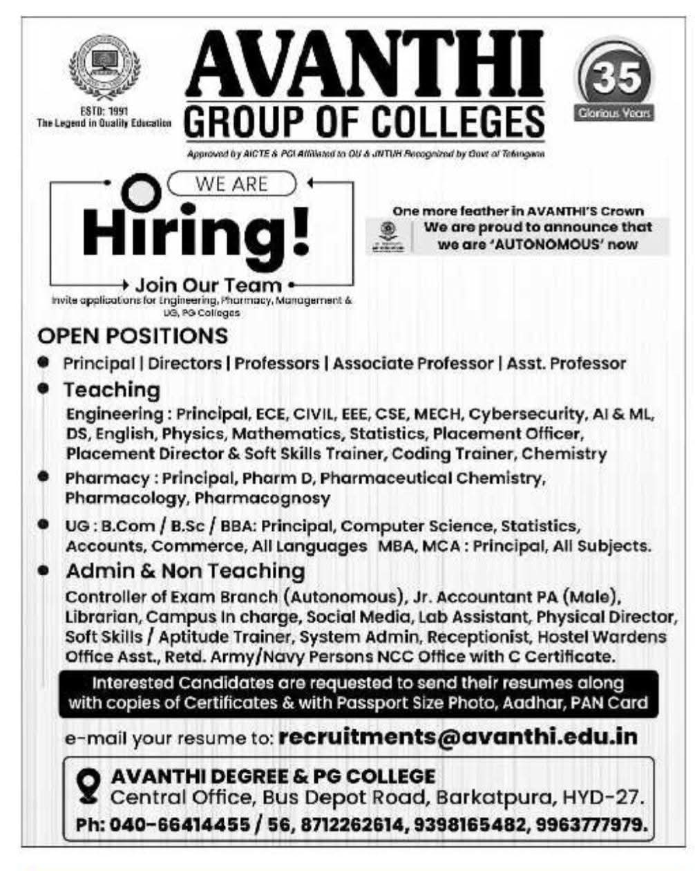 Job Opening: Multiple Positions at Avanthi Group of Colleges