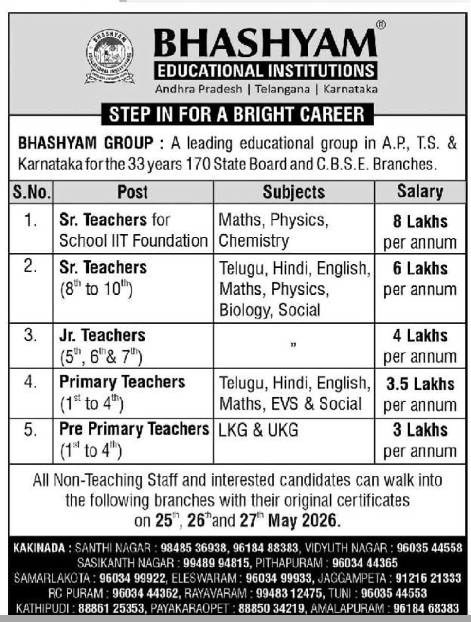 Job Opening: Multiple Teaching & Non-Teaching Positions at Bhashyam Educational Institutions