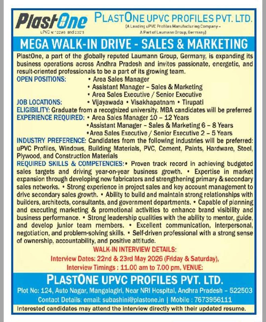 Job Opening: Sales & Marketing Positions at PlastOne uPVC Profiles Pvt. Ltd.