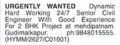 Job Opening: Senior Civil Engineer for 2 BHK Project