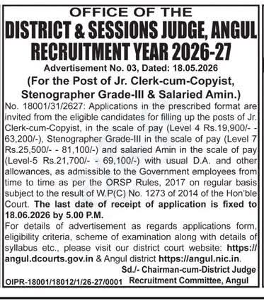 Job Opening: Various Posts at Office of the District & Sessions Judge, Angul