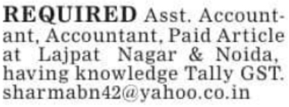 Job Opportunity: Accounting & Article Roles at Lajpat Nagar & Noida