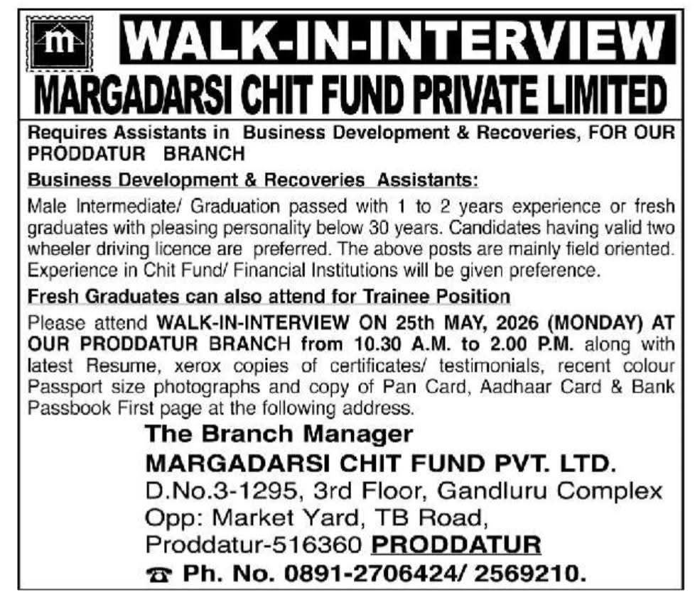 Job Opportunity: Assistant & Trainee Roles at Margadarsi Chit Fund Private Limited
