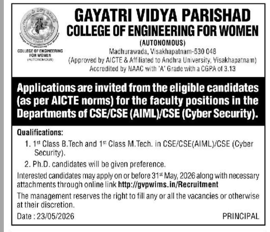 Job Opportunity: Engineering Faculty Roles at Gayatri Vidya Parishad College of Engineering for Women