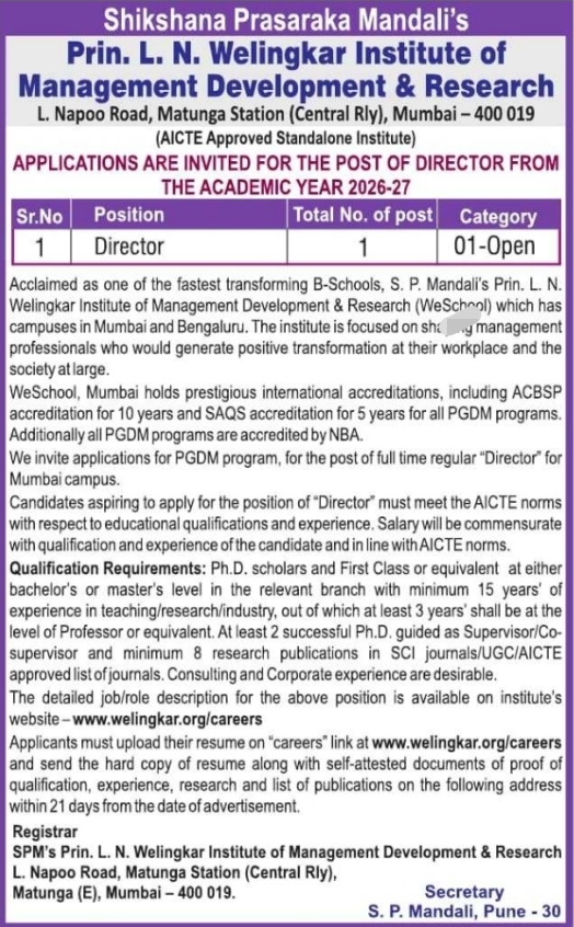 Job Opportunity: Executive Leadership Role at Prin. L. N. Welingkar Institute of Management Development & Research
