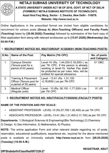 Job Opportunity: Faculty & Officer Roles at Netaji Subhas University of Technology