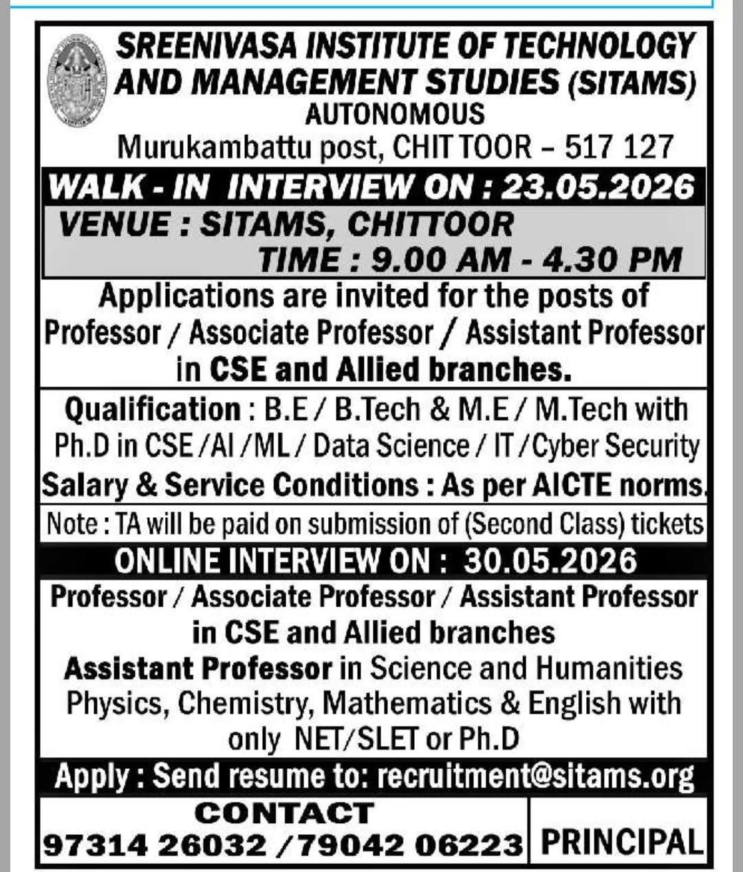 Job Opportunity: Faculty Openings at SITAMS