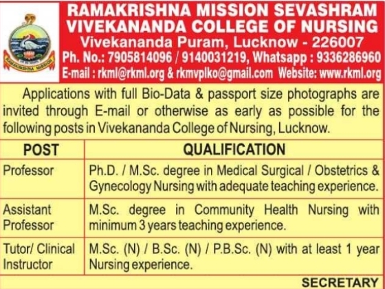 Job Opportunity: Faculty Roles at Vivekananda College of Nursing