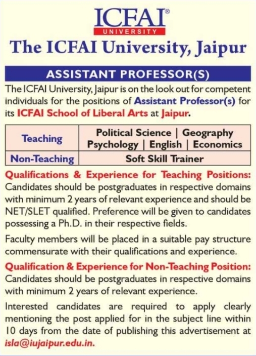 Job Opportunity: Faculty & Training Roles at The ICFAI University, Jaipur