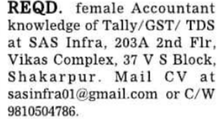 Job Opportunity: Female Accountant at SAS Infra