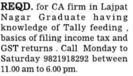Job Opportunity: Graduate Assistant at a CA Firm in Lajpat Nagar