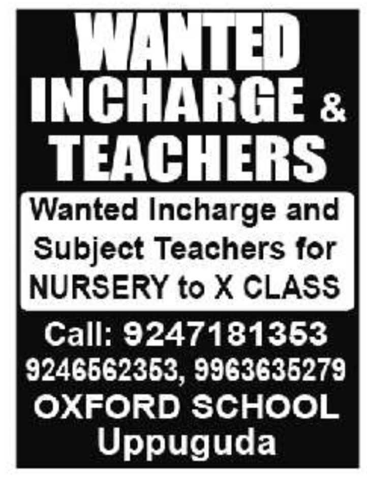 Job Opportunity: Incharge & Teacher Roles at Oxford School