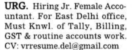 Job Opportunity: Junior Female Accountant in East Delhi