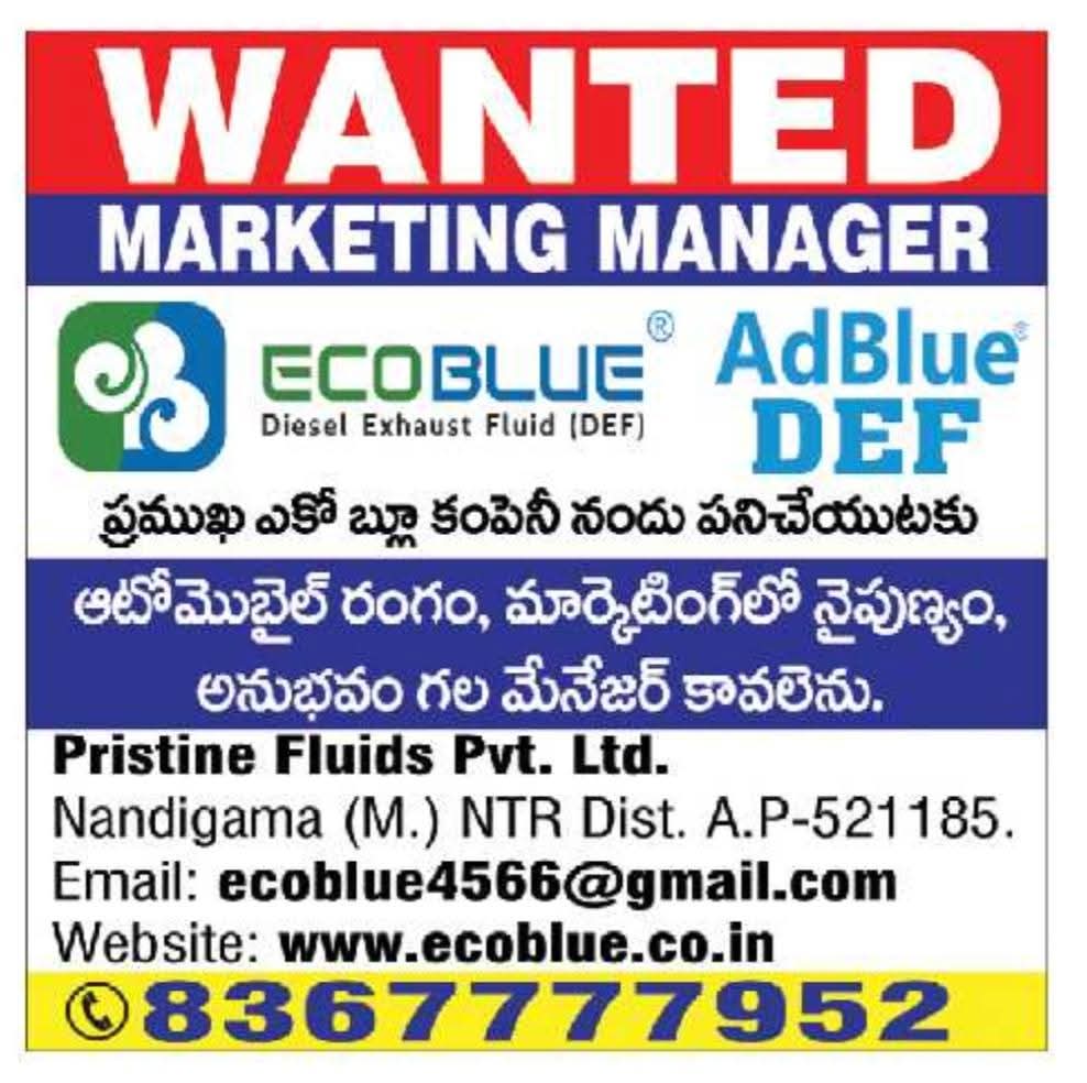 Job Opportunity: Marketing Manager at Pristine Fluids Pvt. Ltd. (EcoBlue)