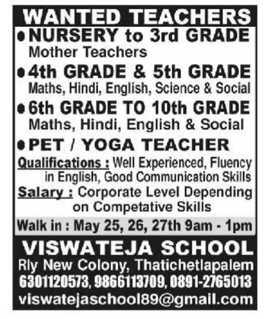 Job Opportunity: Multiple Teaching Roles at Viswateja School