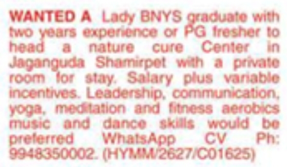 Job Opportunity: Nature Cure Center Head