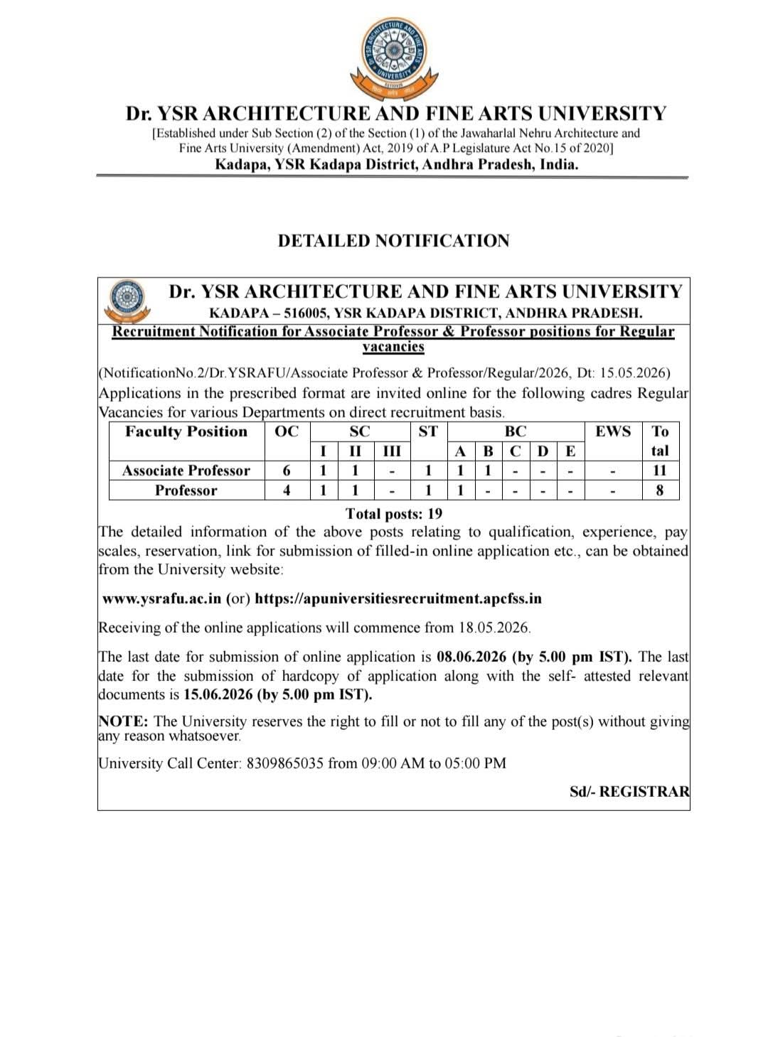 Job Opportunity: Regular Faculty Openings at Dr. YSR Architecture and Fine Arts University