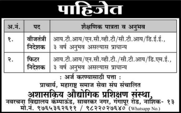 Job Recruitment for Fitter and Electrician Instructors by MSSS ITI