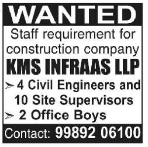 Job Vacancy: Construction Staff at KMS Infraas LLP