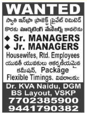 Job Vacancy: Managers at Swathi Infra Projects