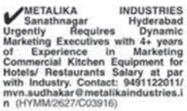Job Vacancy: Marketing Executives at Metalika Industries