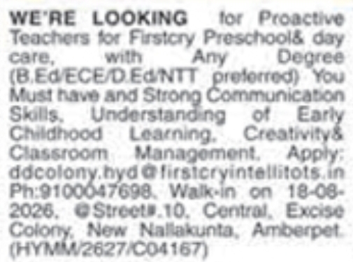 Job Vacancy: Preschool Teachers at Firstcry Intellitots