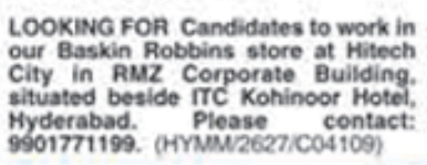 Job Vacancy: Staff at Baskin Robbins