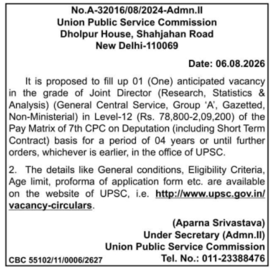 Joint Director Research and Statistics Recruitment on Deputation at UPSC
