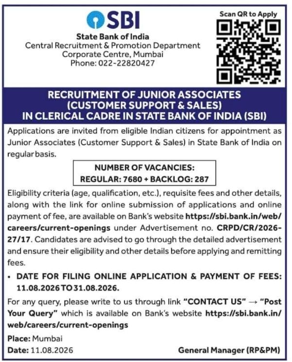 Junior Associates Clerical Cadre Recruitment by SBI