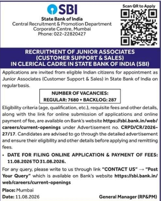 Junior Associates Recruitment  by State Bank of India