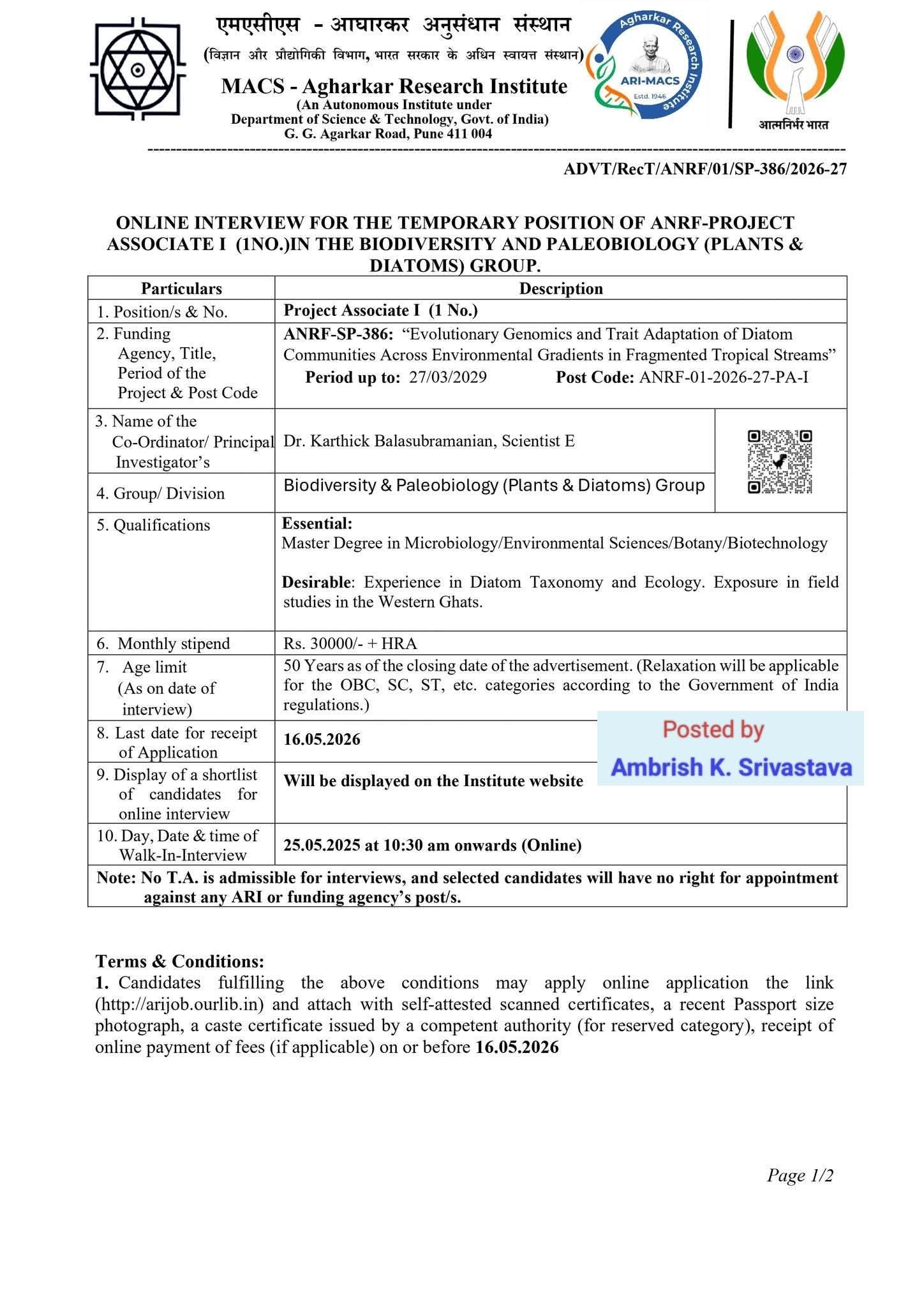 MACS-ARI is hiring a Project Associate I