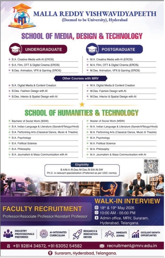 Malla Reddy Vishwavidyapeeth Faculty Recruitment 2026