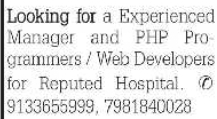 Manager and Web Developers Required for Reputed Hospital